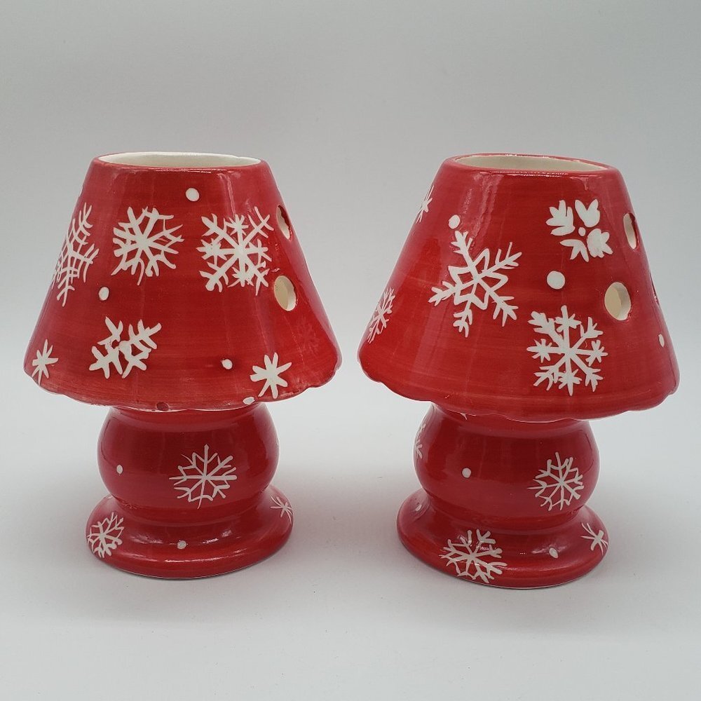 Loblaws Inc. 2004 Set of 2 Ceramic Red White Snowflake Tealight Candle Lamps